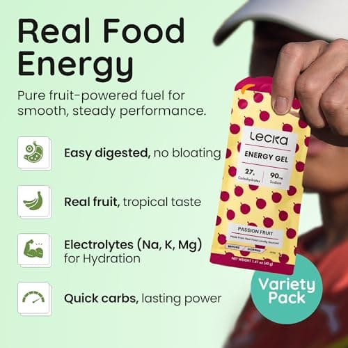 Lecka Natural Energy Gels (12 Pack) – Maltodextrin-Free Running Fuel for Sensitive Stomachs – 27g Carbs from Real Fruit & Basil Seeds – High-Electrolyte Marathon & Ultra (Variety Pack - All Flavors) - Thumbnail 2