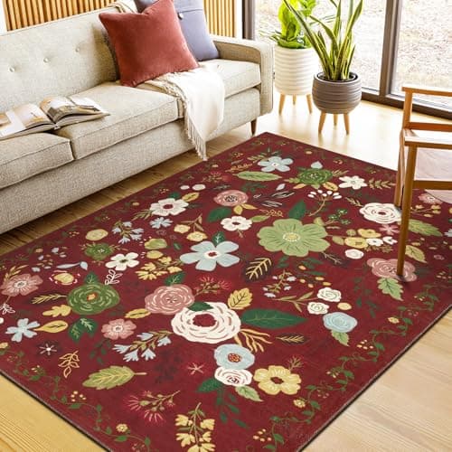 U'Artlines 5x7ft Area Rug, Colorful Floral Boho Rug Machine Washable Ultra Soft Low Pile Non Slip Non Shedding Accent Floor Carpet for Living Room, Bedroom, Dining Room,Farmhouse,Office - Image 1