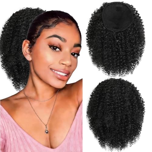 Short Drawstring Ponytail Extension Kinky Curly Hair Pieces for Women Synthetic Fake Ponytail Curly Hair Extensions Short Afro Puff Hair Pony Tail Natural Black Color 10 Inch #1B - Image 1