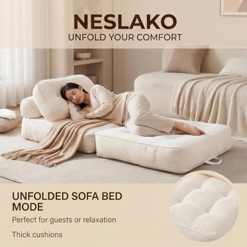 NESLAKO Folding Sofa Bed, Flannel Futon Couch Bed with Pillow and Blanket, Convertible Sleeper Chair for Living Room Bedroom, White - Thumbnail 6