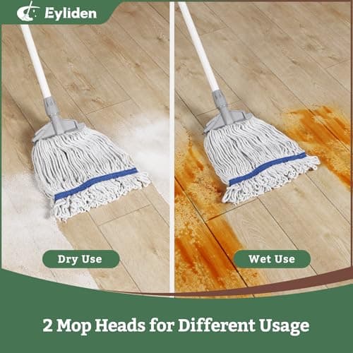 Eyliden Commercial Wet Mop with 2 Cotton Heads, Universal Clips, Heavy Duty Industrial String Mop for Floor Cleaning in Warehouse Garage Workshop Office Restaurant Hospital - Thumbnail 2