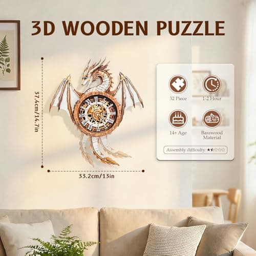 Kosmickiss 3D Wooden Puzzles Model Kits Dragon Clock for Adults, 3D Building Models DIY Crafts for Women Men, Wall Clock Puzzle Birthday Gift for Adults Home Decor - Thumbnail 5