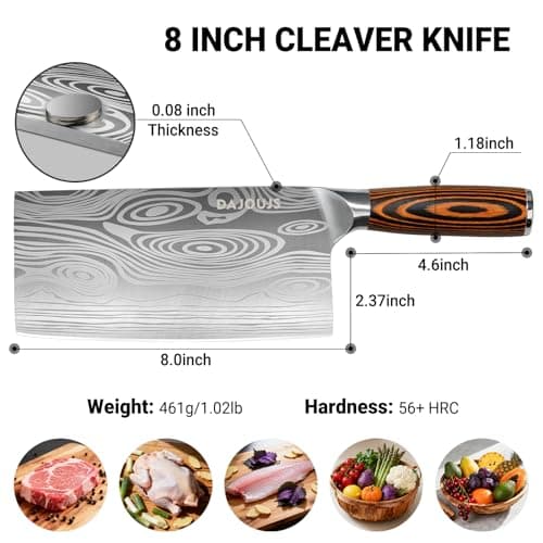 DAJOUJS Meat Cleaver Knife Ultra Sharp Kitchen Knife 8 Inch, High Carbon Stainless Steel Butcher Knife with Wooden Handle, Chinese Cleaver for Meat Cutting Vegetable Slicing Perfect Birthday Gifts - Thumbnail 3