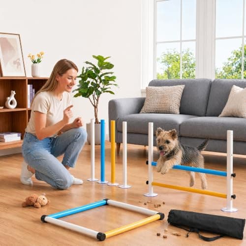 Wooden dog obstacle course indoor,Dog Agility Equipment with Suction Cups, Adjustable Puppy Play Gym Agility Hurdles,3-in-1 Dog Training Toys for Small Dogs, Portable Indoor Starter Kit with Guide - Image 1