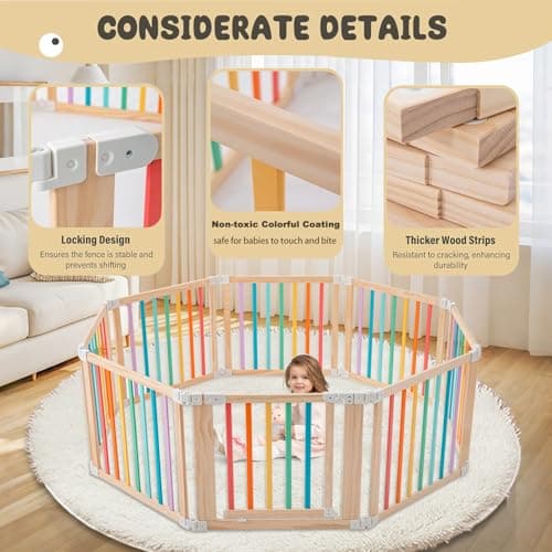 Gewitt Baby Wooden Playpen, Foldable Shape & Size Adjustable Playpen for Toddler and Babies, Wood Baby Play Yard with Locking Gate, Large Pack and Play for Play Area Indoor(Multicolor, 8 Panel) - Thumbnail 3
