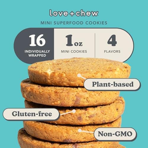 Love + Chew Mini Vegan Cookies, Gluten Free, 3-4g Plant Based Protein Per Cookie, Healthy Snacks for Adults and Kids, Individually Wrapped Cookies, Variety Pack, 16 Pack - Thumbnail 2