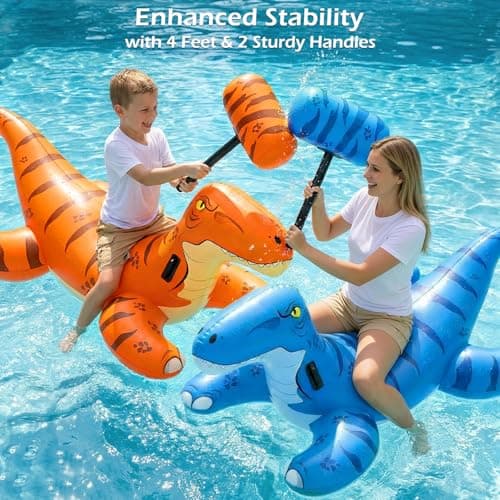 Jasonwell Pool Games Toys Floats -2Pack Inflatable Dinosaur Pool Floats with Blow Up Toy Hammers Ride on Pool Floaties for Kids Teens Adults Lounge Raft Summer Lake Beach Party Decorations (BU&Org XL) - Thumbnail 4