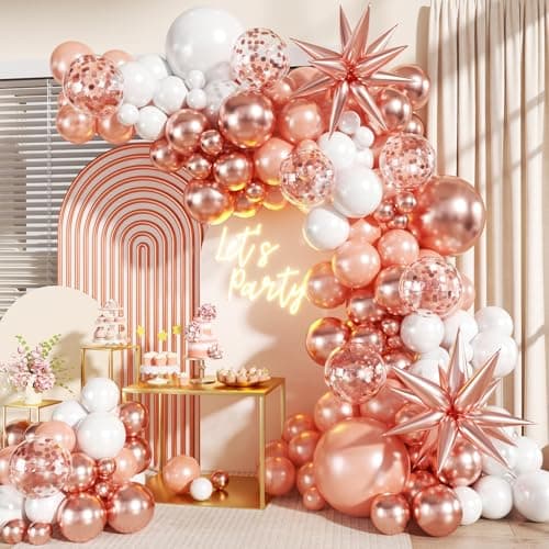 Rose Gold Balloon Garland Kit, 140Pcs Pearl Metallic Pink and White Confetti Balloons With Stars for Birthday Mothers Day Birdal Shower Wedding Sweet 16 Graduation Party Decorations - Image 1