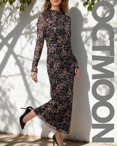 OctMoon Women’s Long Sleeve Maxi Dress High Neck Mesh Bodycon Dress with Splatter Print – Elegant Fall Italian Dress, Boho Evening Cocktail Party Dresses for Women(Navy)-S - Thumbnail 3