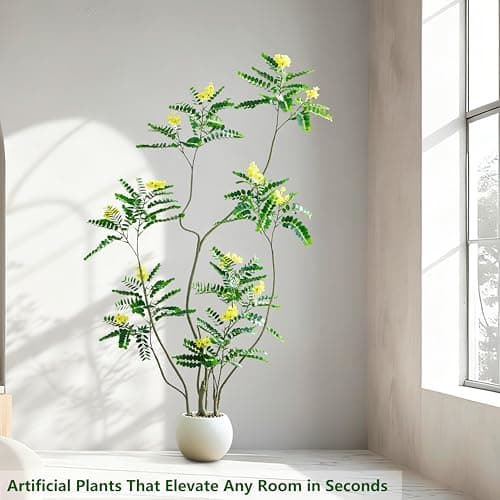 FSOHOI Artificial Locust Tree, 6FT Tall Artificial Plants Indoor with Yellow Flowers & Pot, Large Floor Plant Faux Sophora Fake Flower Tree Silk Plants for Indoor Office Home Room Balcony Porch Decor - Thumbnail 2