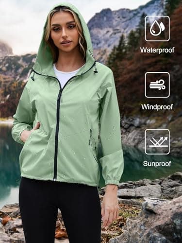 PITINAN Women Rain Jacket For Travel Clothes Lightweight Waterproof Windbreaker Jacket For Women Outdoor Raincoat With Pockets Green S - Thumbnail 2