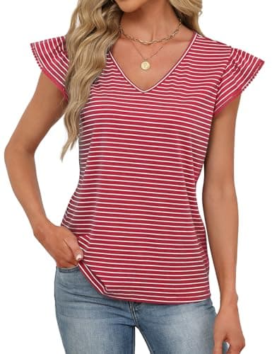 JUSTFASHIONNOW Womens Summer Ruffle Flutter Sleeve V Neck Tops, Soft Casual Striped Versatile Dressy Blouses(Red Stripe Large) - Thumbnail 5
