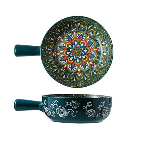 JINNTHE 1 PC Bohemian Ceramic Soup Bowl with Handle – 23oz, 8.5Inches Handmade Spagehetti Bowl Colorful Floral Shallow Bowl for Soup Microwave & Dishwasher Safe Pasta Salad Dish Green - Image 1