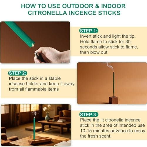 FIRIK Large Citronella Incense Sticks Outdoor, Thick Citronella Incense, Natural Lemongrass Incense Sticks for Home Pool Side Garden, Patio, Camping Trips, Porches, Courtyards, Farm, Backyard, 12 PCS - Thumbnail 6