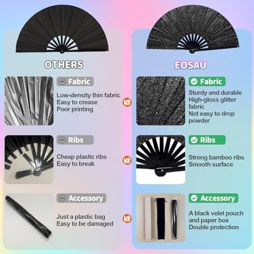 EOSAU Large Glitter Rave Fan Folding Hand Fans for Line Dancing Portable Handheld Clack Fan for Festival EDM Party Music Outfit Accessories (13" Black 01) - Thumbnail 6