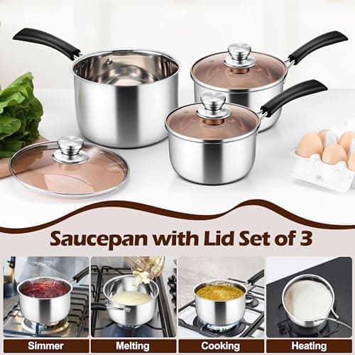 LIANYU 1QT & 2QT & 3QT Saucepan Set with Lids, 18/10 Stainless Steel Sauce Pan Cookware Sets, Kitchen Cooking Small Pots with Long Heatproof Handle, Easy Clean & Dishwasher Safe - Thumbnail 5
