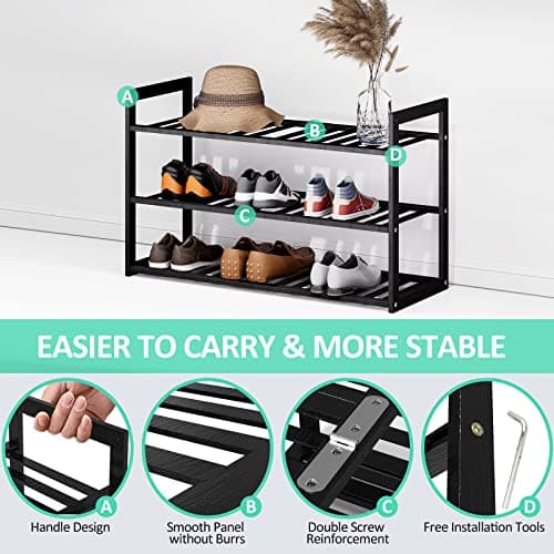 Jripae Bamboo Shoe Rack for Closet, 3 Tier 32.5inch Longer Shoe Organizer Shelf Holder Storage 12-15 Pairs Stackable for Entryway Door Hallway Bedroom Garage Space Saving Foldable Black - Thumbnail 5