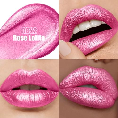 Nude Metallic Lipstick and Lip Liner Combo Makeup 2-in-1 Shimmer Glitter Lipsticks for Women, Metallic Lip Gloss Stain Waterproof Smudgeproof Mude Pink Long Lasting Lipsticks (GB22 Rose Lolita) - Thumbnail 2