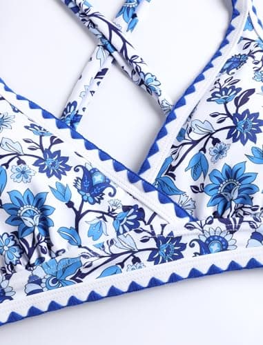 ZAFUL Women's Bikini Sets Floral Print Whip Stitch 2 Piece Swimsuits High Waisted V-Neck Crisscross Back Bathing Suits Blue Medium - Thumbnail 5