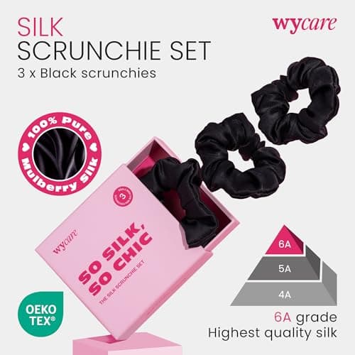 Wycare 100% Silk Scrunchies - Gentle on Hair Mulberry Silk Scrunchies for Women - Luxurious Sleep Ties for Women's Curly Hair (Set of 3 Black) - Thumbnail 2