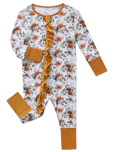 Joonberry Infant Baby Girl Clothing Bamboo Rayon Footies, Newborn outfit Footed Long Sleeve Jumpsuit with Zipper and Mitten Cuffs (Country Ditsy Floral, 8-12M) - Image 1
