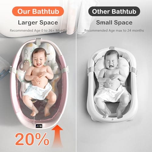 Collapsible Baby Bathtub - Large Baby Bath Tub with Thermometer & Cushion | Travel Portable Newborn Infant Bathtub | Foldable Toddler Bathtub for Baby 0 to 36 Months (Pink) - Thumbnail 2