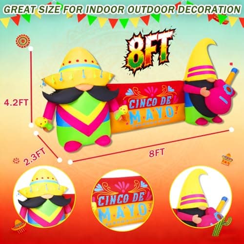 GIFTFIND 8FT Long Cinco De Mayo Inflatables Outdoor Decorations, Colorful Fiesta Party Blow Up Decor, Built-in LED Lights May 5 Mexican Yard Decoration for Garden Lawn Holiday Decor - Thumbnail 2