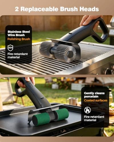 Electric Grill Brush Rechargeable, Dual Brush Heads Design Cordless Electric BBQ Grill Cleaner with Replaceable Head, No Bristles Grill Brush Outdoor Grill for Burnt-On Grease & Grill Grates - Thumbnail 5