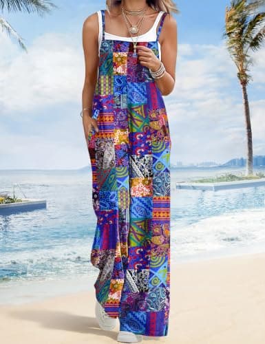 BOHOWE Womens Floral Outfits Plus Size Jumpsuits Loose Casual Wide Leg One Piece Sleeveless Summer Overalls Adjustable Straps Long Pant Rompers 2XL HPZ P002B - Thumbnail 2
