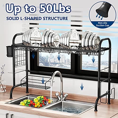 MOUKABAL Dish Drying Rack - Stainless Steel Over The Sink Dish Drying Rack (Expandable Length), Large Dish Rack with Utensil Holder, 32.3" - 33.9"(L) x 11.4"(W) x 23"(H) Black - Thumbnail 5