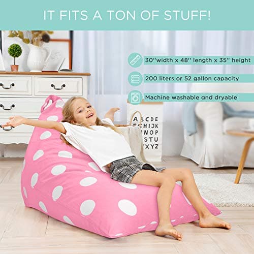 Aubliss Stuffed Animal Storage Bean Bag Chairs Cover, 50"x 35" Extra Large Bean Bags Chair for Kids & Adults, Beanbag Toy Storage for Boys Girls - Premium Cotton Canvas Pink Dot - Thumbnail 4