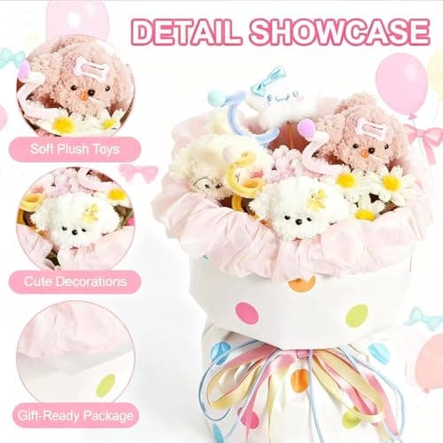 FLOLVISOU Crochet Flower Bouquet Valentine Plush Dog Toy - Handmade Knitted Flower Bouquet Gifts,Valentine's Day Birthday Gifts for Women,Girls,Kids, DIY Home Decor,Pink White Flowers Arrangement - Thumbnail 2