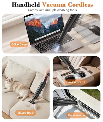 CUIOFREE Handheld Vacuum Cordless,24KPA High Power Car Vacuum with Brushless Motor,LED Light,Charging Dock,Rechargeable Hand Held Vacuum Cleaner with Reusable Filter for Car,Home,Office,Pet Pair,Black - Thumbnail 3