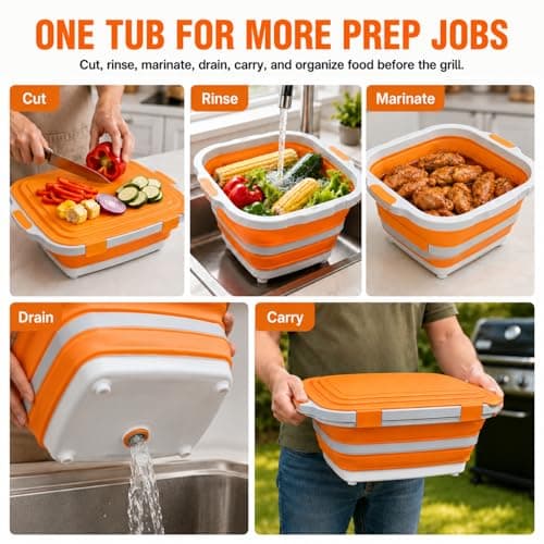 Collapsible BBQ Prep Tub with Cutting Board & Lid, Folding Food Container BPA-Free Heavy-Duty, Dishwasher Safe, Upgraded Drain Hole - for Camping, Grilling Outdoor Cooking (Orange, X-Large) - Thumbnail 5