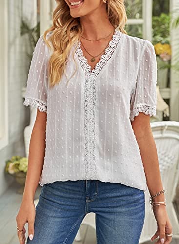 Dokotoo Womens Ladies 2026 Summer Sexy Lace Crochet V Neck Short Sleeve Pom Pom Boho Shirts Casual Loose Solid Chiffon Blouses for Women Tops White X-Large - Thumbnail 3