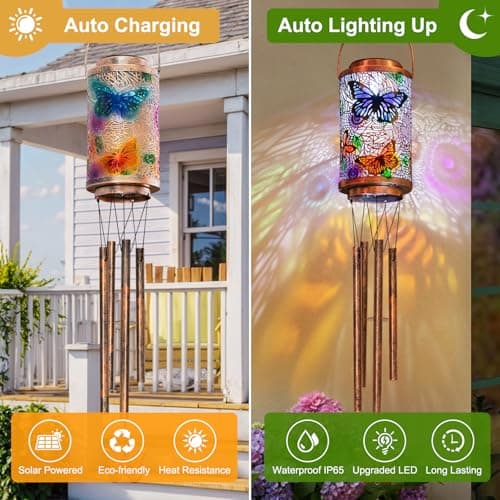 Butterfly Solar Wind Chimes for Outside, Garden Gifts for Mom, Solar Lanterns Outdoor Decor Lights for Balcony, Patio, Yard,Birthday Gifts for Women Grandma Dad (1Pack) - Thumbnail 4