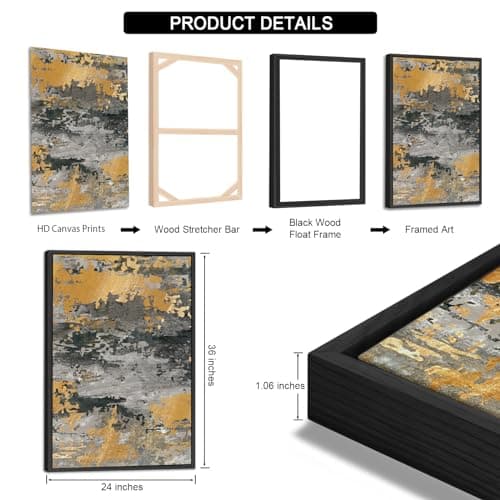 ASDCEUTICALS Large Canvas Wall Art - Gray Green Golden Abstract Pictures for Living Room Vintage Wall Decor Retro Rustic Prints Black Float Framed for Bedroom Dinning Room 24" X 36" X 3 pcs - Thumbnail 5