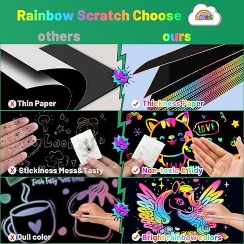ZMLM Scratch Paper Art Craft: 2 Pack Rainbow Scratch Notebooks Crafts for Kids Ages 4-8 Year Old Girl Birthday Gift Games for Kids Arts Kits School Party Toys Activity - Thumbnail 6