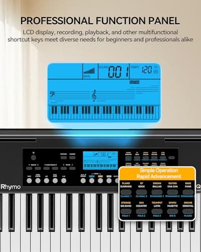 Rhymo 61 Key Electronic Piano Keyboard for Beginners, Touch-Sensitive Full Size Portable Keyboard Piano with LCD Screen, Music Stand, Power Adapter, Headphones, Birthday Gifts (Black) - Thumbnail 3