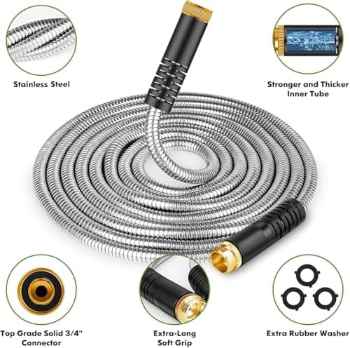 Garden Hose 50 ft, Stainless Steel Water Hose with 10 Function Nozzle Flexible, Heavy Duty, Lightweight, No-Kink, Pet Proof, Puncture Proof Hose Metal for Yard, Outdoor - Thumbnail 2