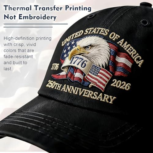 Bokauo 250 Anniversary USA Hat for Men Women,Printed Adjustable Baseball Cap,250th Years Gift Merchandise for Husband,Veteran (Black) - Thumbnail 3
