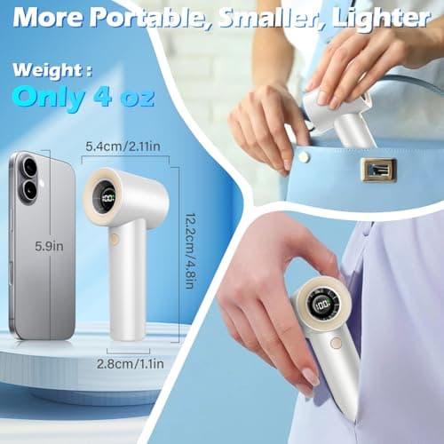 Portable Handheld Turbo Fan-20000 RPM High Speeds Rechargeable Personal Cooling Fan with 5 Speed Levels, Digital Display, 10m/s Max Airflow, Mini Fan for Travel,Outdoor, Gift for Women Men, White - Thumbnail 5