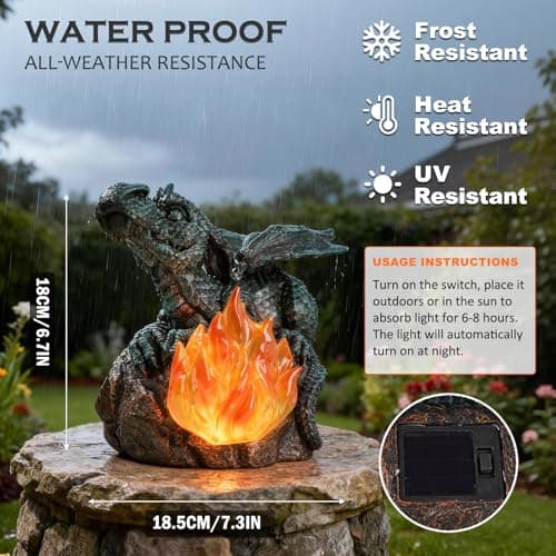 U WONDERFUL Solar Dragon Garden Decor, Porch Dragon Statue with Fiery Light - 6.8 inch Lawn Ornaments, Outdoor Decorative Art Gift for Patio, Yard, Backyard, Porch - Thumbnail 5
