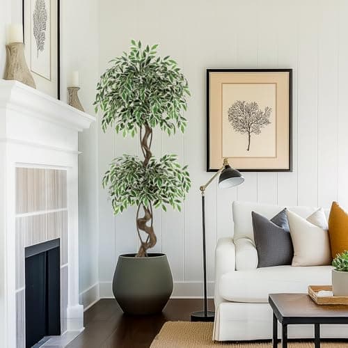 GarveeHome Artificial Ficus Tree for Home Decor Indoor,5 ft Faux Floor Tree White Imitation Ceramic Planter, Indoor Outdoor Lifelike Fake Ficus Tree with Pebbles & Green Fake Moss for Office - Thumbnail 6