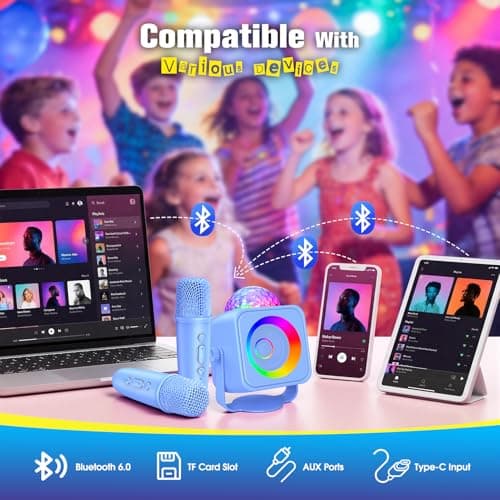 Disco Light Kids Karaoke Microphone: Boys Birthday Gifts Toys for 4 5 6 7 8 9 10 11 12 Year Old LED Lights Stand Bluetooth Karaoke Machine Portable Bluetooth Speaker with 2 Wireless Microphone Family - Thumbnail 5