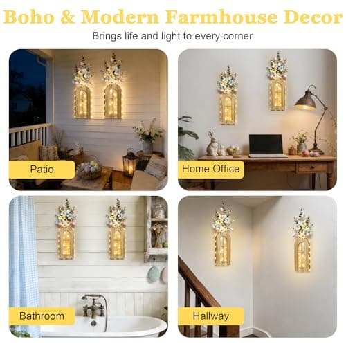 HOMECOR Easter Wall Decor Set of 2 - Boho & Modern Farmhouse Hanging Wooden Vase with Fairy Lights & Artificial Plants, Spring Wall Art for Living Room, Bedroom, Bathroom, Easter Home Decor Gift - Thumbnail 4