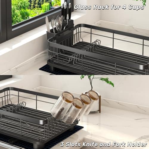 Godboat Dish Drying Rack, Dish Rack with Auto-Drain & Mat, Dish Drainers for Kitchen Counter, Glass Organizer for 4 Cups, 3 Slots Utensil Holder, Gifts for Women Mothers Day, Kitchen Gadgets & Decor - Thumbnail 6