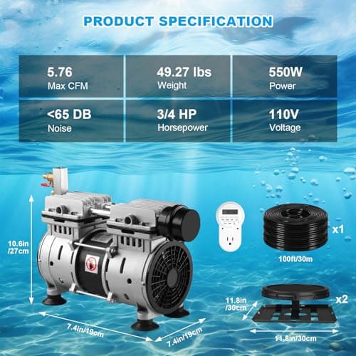 Pond Aerator, Ponds & Lake Aeration System, 5.76CFM for Up to 3 Acre, Includes 3/4 HP Compressor, 100' Weighted Tubing, 2 Diffusers for Outdoor Large Pond & Lake Aerator Pumps Water Oxygen Circulation - Thumbnail 5