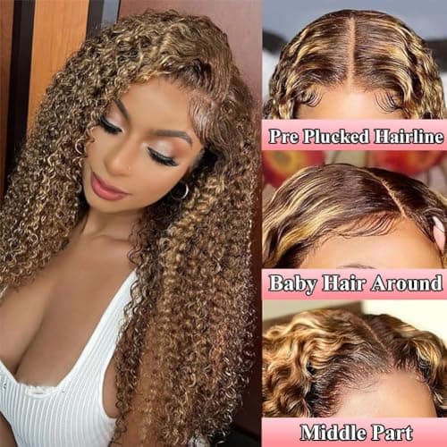 ALSZIQIHR 13x4 Highlight Ombre Lace Front Wig Human Hair Pre Plucked HD Transparent 4/27 Honey Blonde lace frontal Wigs with Baby Hair 180% Density Colored Water Wave Lace Front wig for Women 26 inch - Thumbnail 6