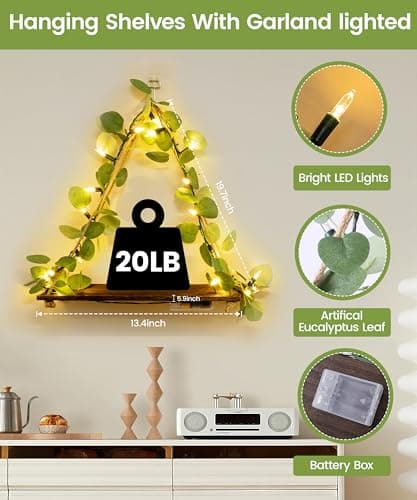 Macrame Hanging Shelf for Wall Decoration with Eucalyptus Lighted Garland,2 Pack Boho Hanging Shelves&Greenery Eucalyptus Garland with Lights for Bedroom Living Room Boho Wall Décor, Wedding Décor - Thumbnail 2